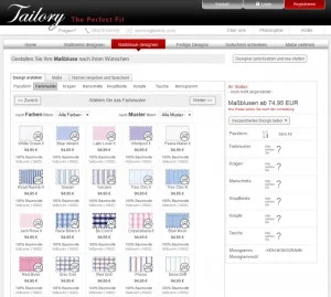 Screenshot der Tailory Stoffauswahl